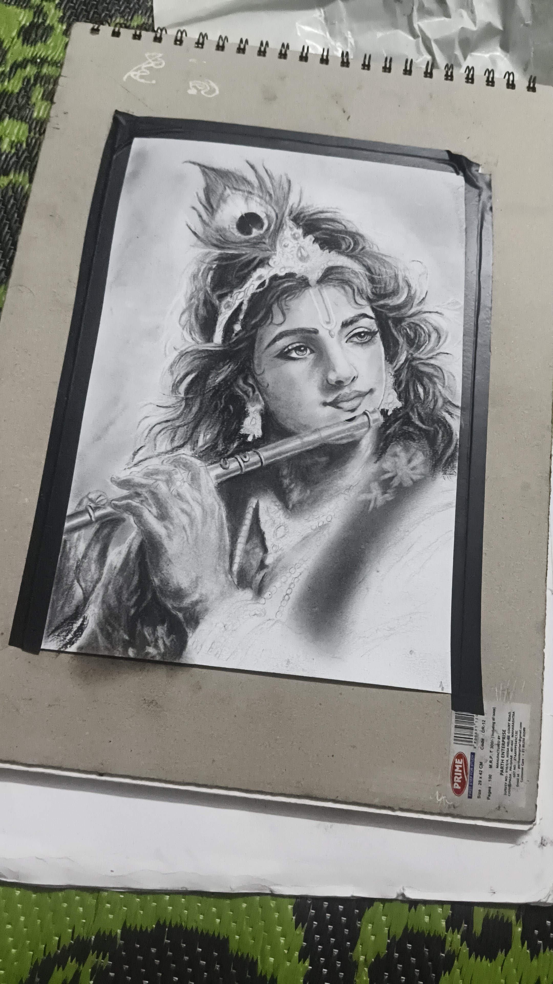 Lord Krishna playing flute charcoal sketch