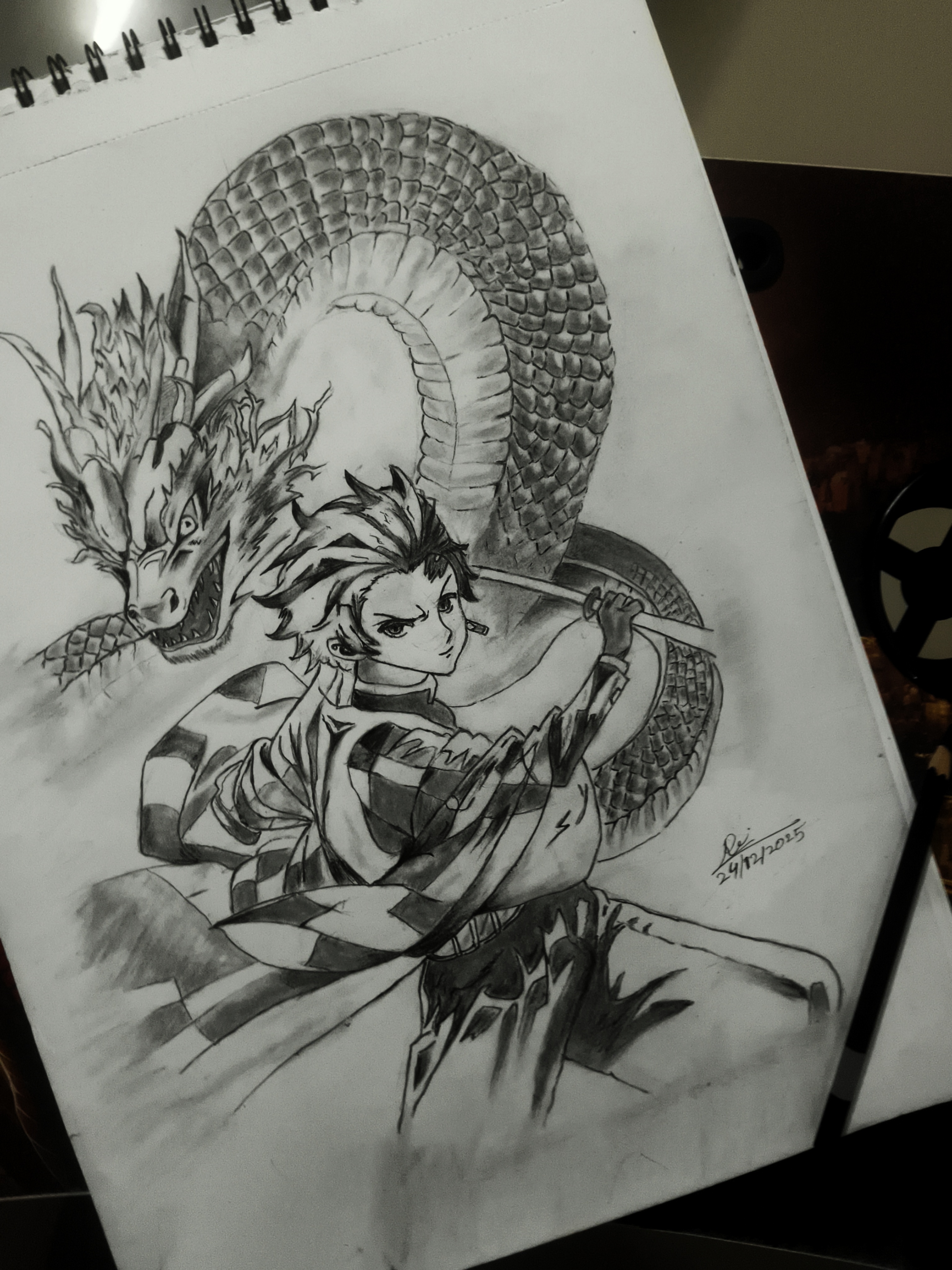 Tanjiro from Demon Slayer with dragon pencil sketch
