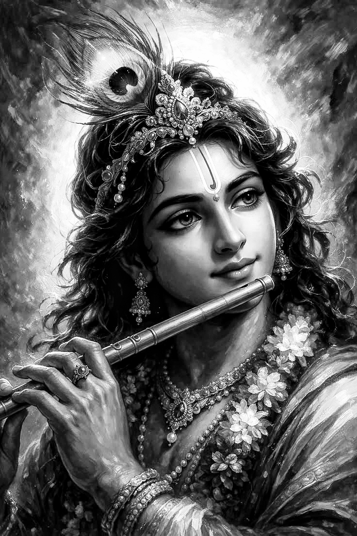 Detailed Lord Krishna with ornaments pencil sketch